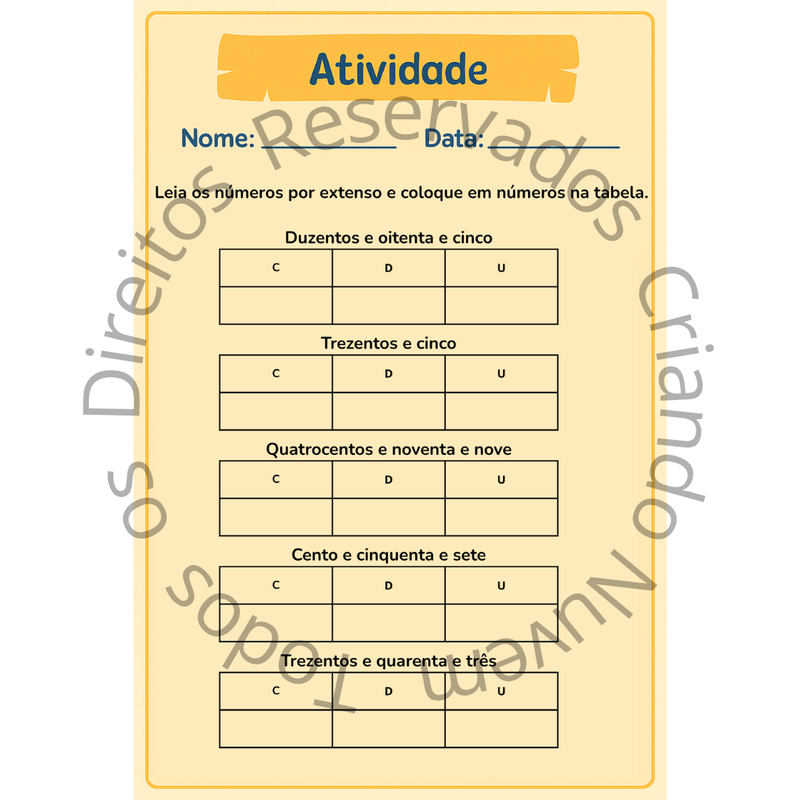 Aprendendo as Centenas, Dezenas e Unidades – Atividade + Quadro de valor posicional (em dois tamanhos)