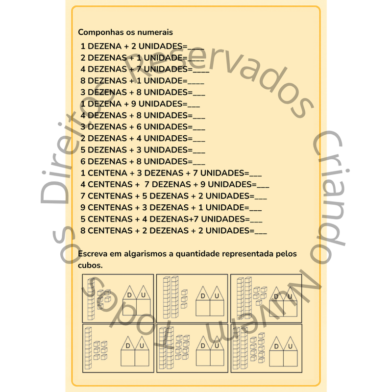 Aprendendo as Centenas, Dezenas e Unidades – Atividade + Quadro de valor posicional (em dois tamanhos)