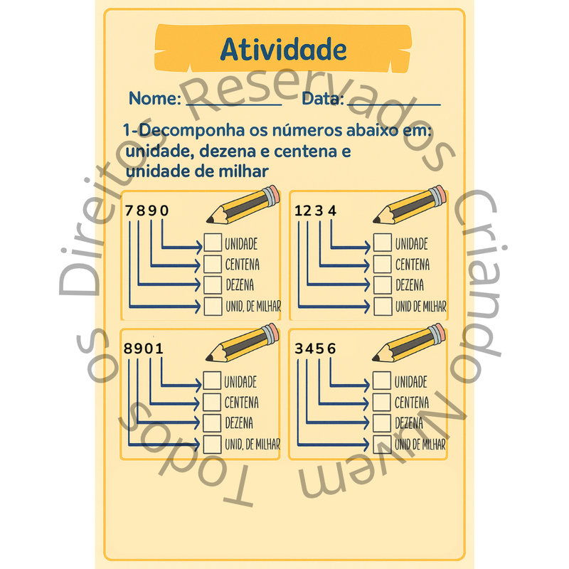 Aprendendo as Centenas, Dezenas e Unidades – Atividade + Quadro de valor posicional (em dois tamanhos)