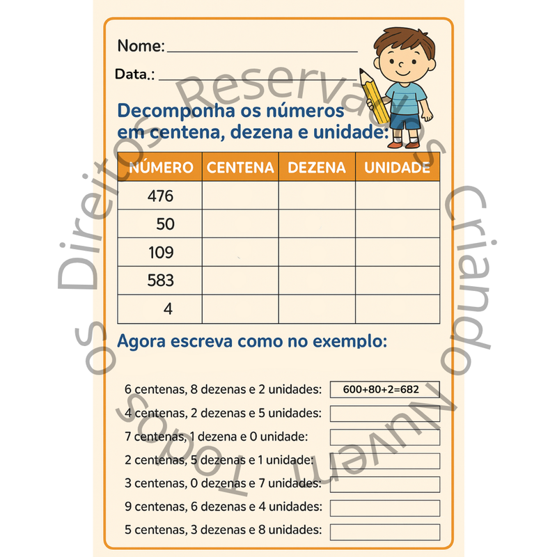 Aprendendo as Centenas, Dezenas e Unidades – Atividade + Quadro de valor posicional (em dois tamanhos)