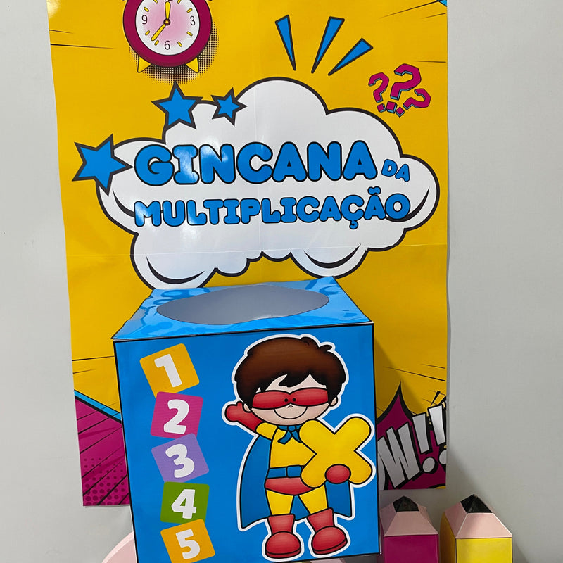 Gincana da Multiplicação - painel com caixinha e 20 fichas com probleminhas de multiplicação!