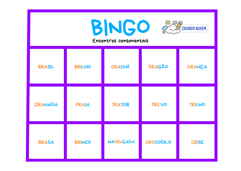 Bingo das famílias silábicas - Encontros consonantais - 10 cartelas