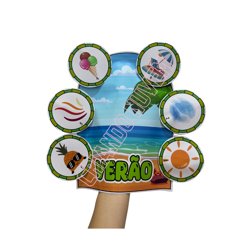 COMBO: Luvas de história das 4 estações (verão, outono, inverno e primavera) + Amarelinha dos 4 elementos naturias (fogo, água, terra e ar)