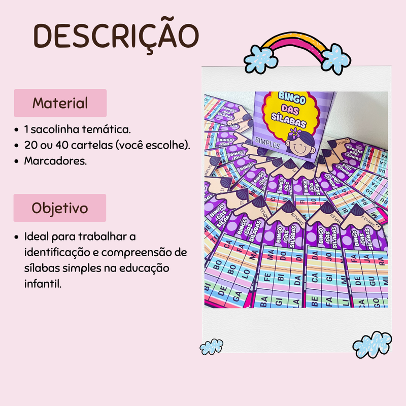 Sacola -  Bingo das Sílabas Simples - 20 ou 40 cartelas - Fortaleça a leitura e a consciência fonológica de forma divertida!