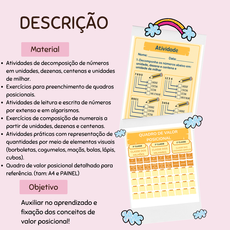 Aprendendo as Centenas, Dezenas e Unidades – Atividade + Quadro de valor posicional (em dois tamanhos)