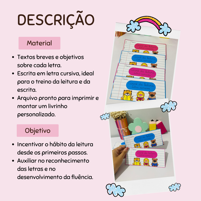 Carnê da Leitura (letra cursiva) - Encantando e Alfabetizando com Amor