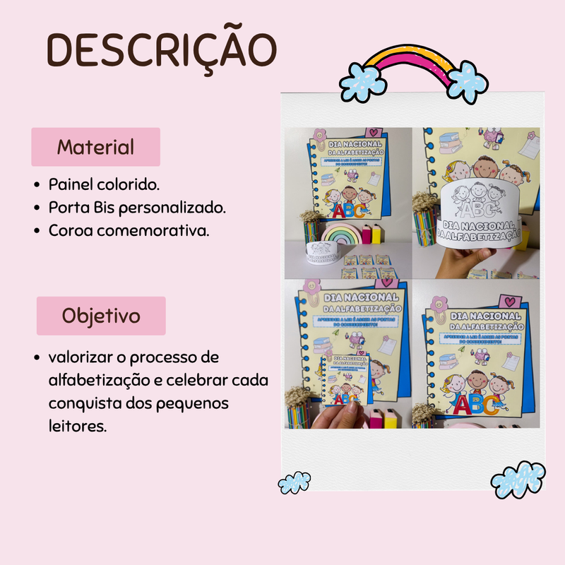 Dia Nacional da Alfabetização – Material Completo (Painel, Porta Bis e Coroa personalizada)