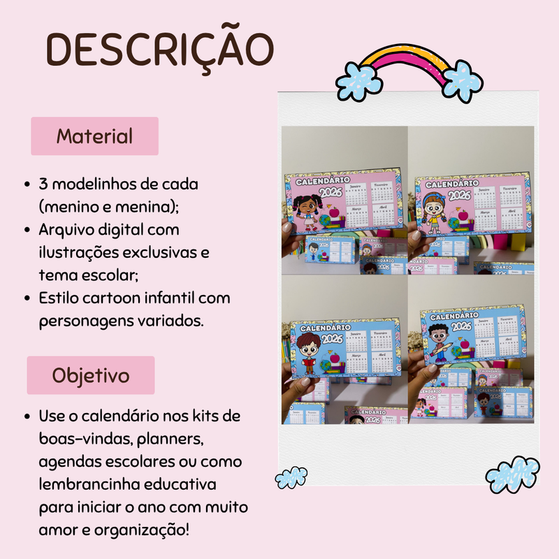 Calendário 2026 – Tema Escolar Infantil 3 modelinhos de cada (menino e menina) ✨