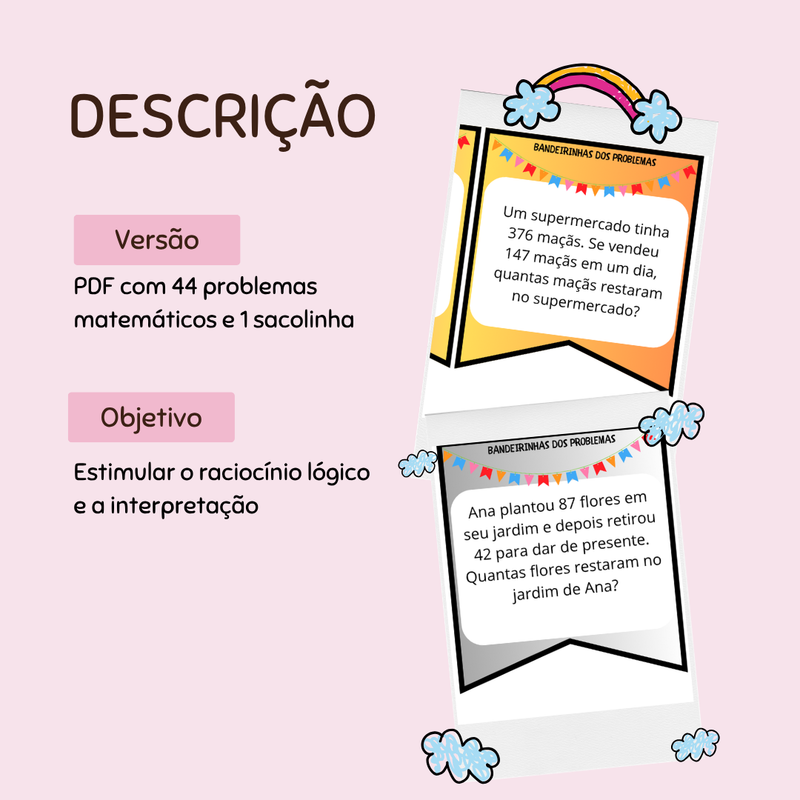 Sacola interativa - Bandeirinhas dos problemas matemáticos - 44 problemas