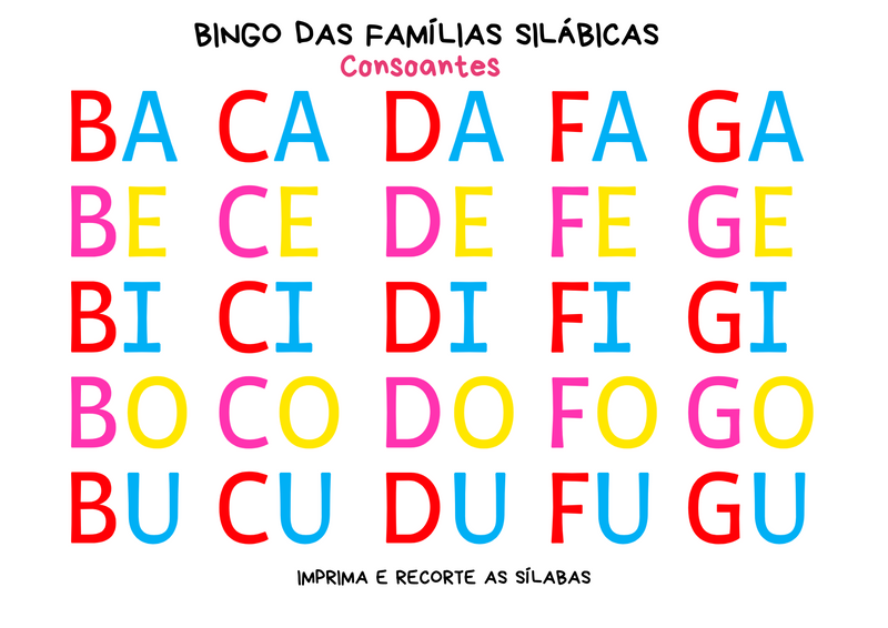 Bingo das famílias silábicas - Consoantes - 10 cartelas